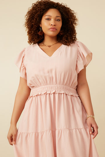 HY7157W Blush Plus Mini Checkered Ruffle Detail Dress Full Body